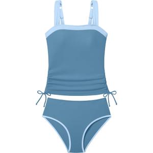 Queenstyle Teen Girls Tankini Swimsuit 2 Piece Bathing Suit Color-Block Drawstring Girls' Swimwear for 15-16 Years