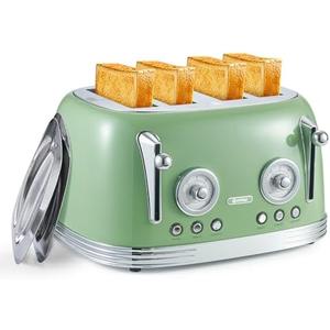 Wiltal 4 Slice Toaster, Retro Green Toaster, Bagel, With Stainless Steel Lid. Reheat, Defrost and Cancel Functions, Countdown Function, 6 Browning Levels, Stainless Steel Material, TR03