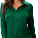 Escalier Women's Silk Blouse Long Sleeve Satin Button Down Shirt Casual Work Office Silky Blouse Top (Green, M)