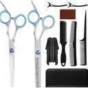 10-Piece Hair Cutting Scissors Kit - Professional Set with Thinning Scissors, Comb, Cape, Clips, Leather Bag for Barber, Salon, Home (Blue)