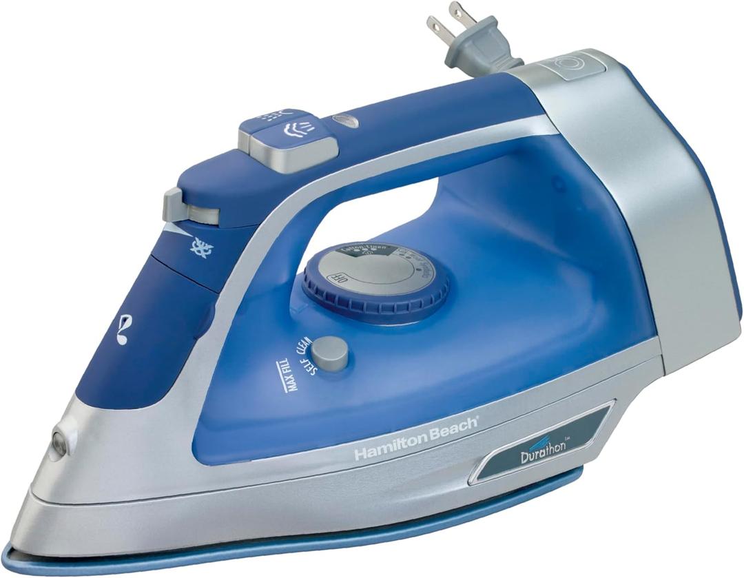 Hamilton Beach Steam Iron & Vertical Steamer for Clothes with ScratchResistant Durathon Soleplate, 8' Retractable Cord, 3Way Auto Shutoff, AntiDrip, 1500 Watts, Blue