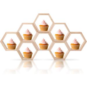 Kigley 8 Pcs Mini Honeycomb Cupcake Stand Wooden Hexagon Cake Display Holder Farmhouse Hexagonal Floating Table Sign for Baby Shower Birthday Party(Burly Wood)
