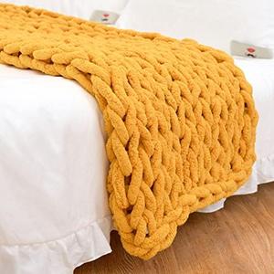 Chunky Knit Blanket Throw 40"40", Hand Knitted Warm Chenille Throw Blanket, Home Decor Soft Thick Yarn Cable Knit Blanket,Soft Breathable Fleece Banket Christmas for Couch Bed Sofa Best Gift (Yellow)