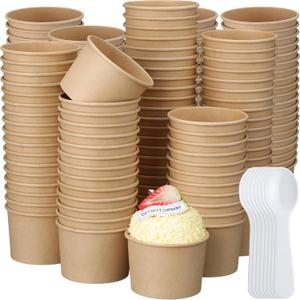 Honeydak 300 Pack 5 oz Kraft Paper Disposable Ice Cream Cups with Spoons Bulk Small Ice Cream Sundae Bowls Treat Dessert Snack Frozen Yogurt Soup Container Wedding Birthday Party Supplies(Brown)