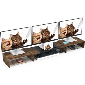WESTREE Triple Dual Monitor Stand Riser, Extra Long Monitor Stand for 1~2~3 Monitors, Monitor Stand with Length and Angle Adjustable, 3 Shelf Desktop Storage Riser for Monitor Computer Screen Laptop (brown)