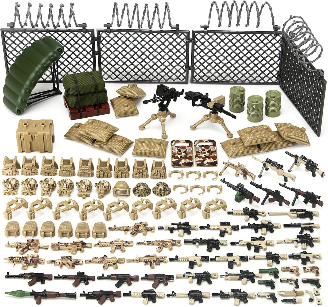 Military Weapons Set Army Toy Building Blocks Model Pack for Soldier Figures, Desert Camouflage Combat Suit Tactical Accessories Outfits Gear Kit Piece Gift for Kids