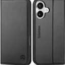 SHIELDON Genuine Leather Wallet Case for iPhone 17 6.3-inch 5G 2025 | Flip Magnetic Cover | Kickstand | RFID Blocking | 3 Credit Card Holder | Shockproof | Soft Inner Phone Case | Black