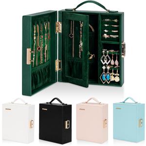 Enthralite Large Travel Jewelry Case: Portable Necklace Box with Mirror - PU Leather & Velvet Lined Jewelry Organizer for Ring Earring Bangle Bracelets Watch - Birthday Gift for Her (Dark Green)