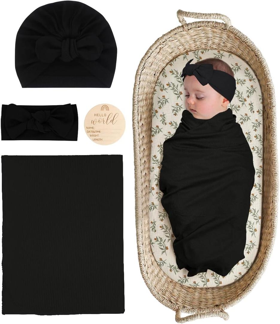 Stretchy Baby Swaddle Blanket and Headband Set, Newborn Receiving Blankets with Matching Hat for Nursery Swaddle Wrap (Black)