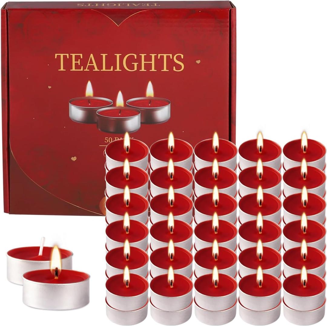 Set of 50 Red Tealight Votive Candles, Unscented, Smokeless, Dripless, Long Burning 4 Hour, for Emergency,Dinners,Parties,Wedding Churches