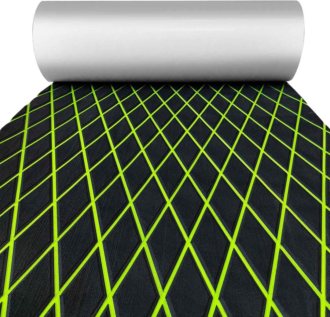 KXKZREN EVA Foam Boat Flooring Decking Sheet 6mm Thick Diamond Anti-Slip Marine Flooring Mat Self Adhesive Deck Pad for Bass Boat Yacht Motorboat RV Cooler Tops,47.2" x 94.5" / 27.6"x74.8" (Black With Green Diamond Seam Lines)