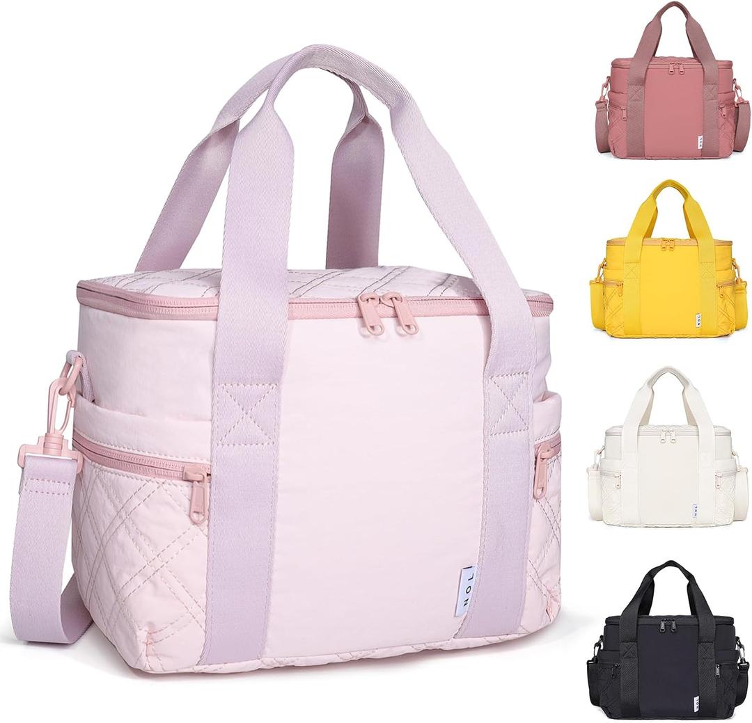 NOL Natural Organic Lifestyle Women's Nylon Lunch Cooler Cute Quilted Lunch Bag Large Leakproof Insulated Lunch Tote Bag for Work Picnic Travel,Pink (Medium(normal))