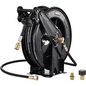 Pressure Washer Hose Reel, 50 ft x 3/8 inch Retractable Power Heavy-Duty Steel Washer Hose Reel 4000PSI,Auto-Rewinding, Flexible Wall/Floor Mounted for Car Washing,Floor Cleaning,Garden