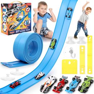 Flexible Race Car Track - 15 Ft Rolls Up Car Ramp Track Toy with Suction Cups, Diecast 1/64th Cars Model, Flex Race Portable Racetrack for Boys Girls
