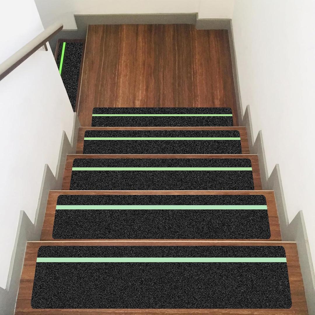 10 Pack 6 x 30 Anti Slip Traction Treads with Glow in The Dark Stripe, Outdoor Waterproof Non Skid Pre-Cut Tape with Roller, High Traction Friction Abrasive Adhesive for Stairs Step