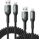 USB to Lightning Cable for Car 6FT, Coiled iPhone Charger Braided USBA to Lightning Cable [Apple MFi Certified] Fast Charging Cord Compatible with iPhone 14 Pro/Pro Max/Plus 13 12 11 8 7, iPad AirPods