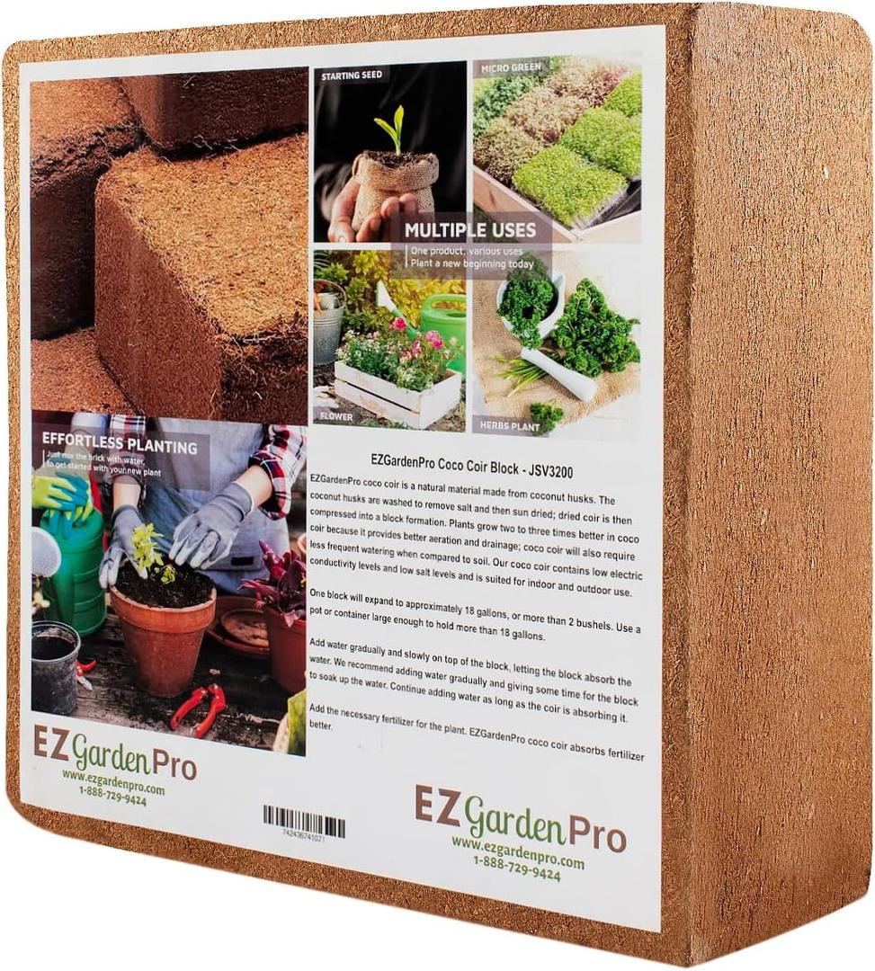 Compressed Coco Coir Brick (650 Grams) with Low EC & pH Balance High Expansion, Renewable, Excellent Aeration, Reduces Weed Growth, and Retains Water; 4 Bricks Expands to 10 Gallons (4)
