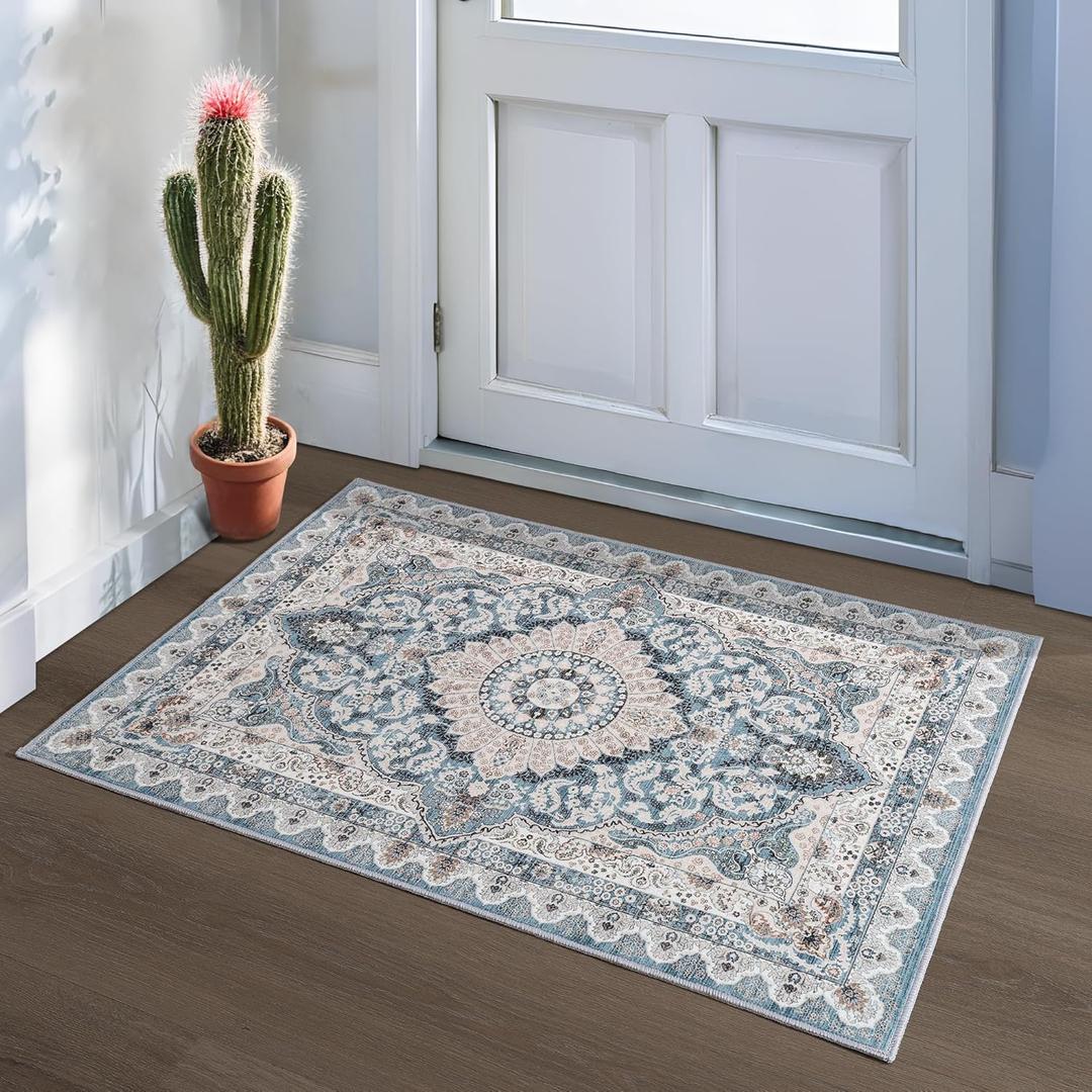 Foxmas Small Rugs for Entryway 2x3 Feet, Non-Slip Doormat Indoor Entrance Vintage Washable Area Rug, Low Pile Throw Rugs for Entryway Bedroom Kitchen Living Room, Blue