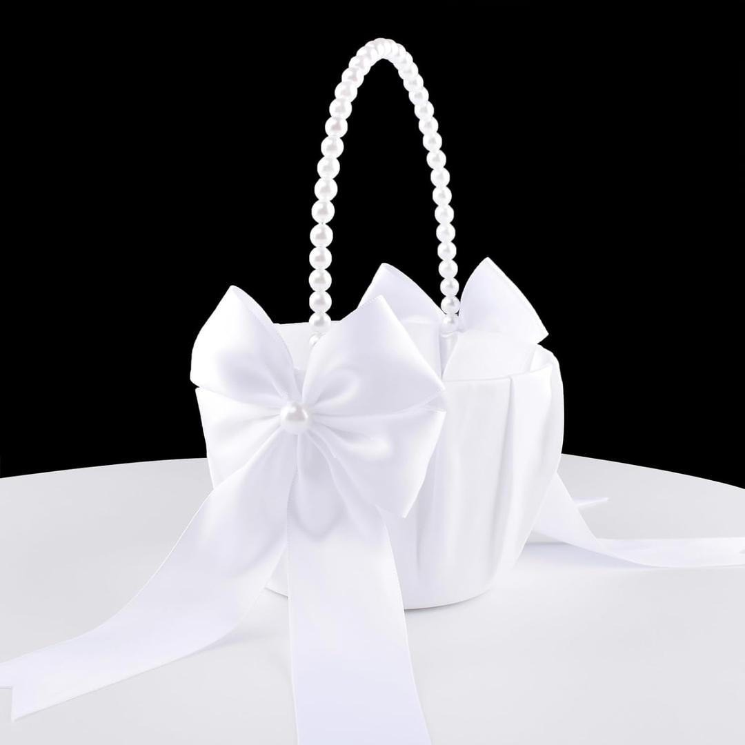 Wedding Flower Girl Basket, Pearl Handle Cute Flower Basket for Flower Girl, White