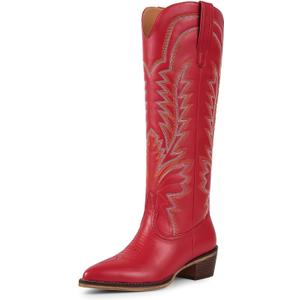 ISNOM Cowboy Boots for Women Knee High Cowgirl Boots with Classic Embroidered Pointed Toe Chunky Heel Pull On Fashion Retro Western Tall Boots