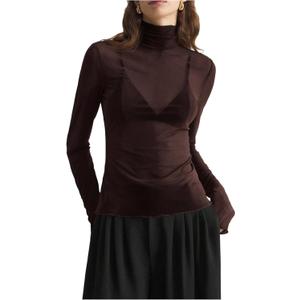 WDIRARA Women's Turtle Neck Long Sleeve T Shirts Sheer Mesh Tees Going Out Tops, XL