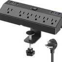 Desk Clamp Power Strip with 40W Fast Charging Station, JXGUCAT 10ft Flat Plug Power Strip Surge Protector, 2 USB-C Ports, 6 AC Outlets, Fit 2.48" Tabletop Edge, Home Office Desk Accessories Essentials