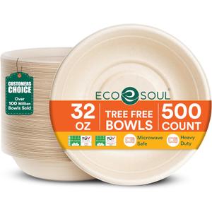 Ecosoul 100% Compostable 32 Oz Soup Bowls [500-Pack] Disposable dinner bowls I Heavy duty paper bowl I Eco-friendly salad bowl I Biodegradable large Bowls (Natural)
