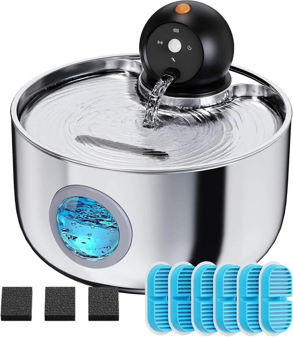 Cat Water Fountain Battery Operated: Wireless Cat Fountain with 6 filters and 3 sponges - 88oz/2.6L Cordless Pet Dispenser for Cats Indoor with Motion Sensor - Automatic Quiet Waterer for Small Animal
