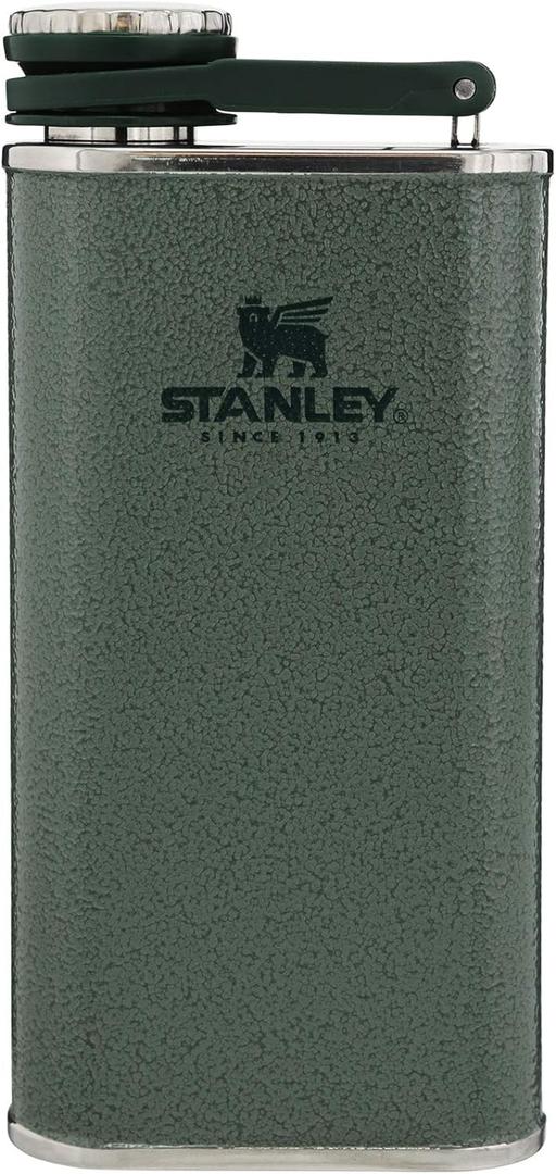 Stanley Classic Easy Fill Wide Mouth Flask 8 oz | Leakproof Hip Flask | Hinge Connected Never Lose Cap | Insulated Stainless Steel Liquor Container | BPA-Free | Hammertone Green