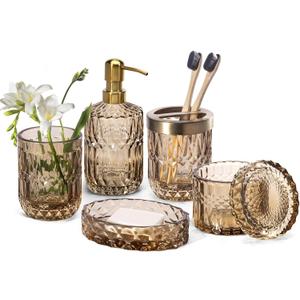 EMPO 6PCS Bathroom Clear Glass Accessories Set (Lotion Soap Dispenser, Soap Dish, Toothbrush Holder, Tumbler, Cotton Swab Jar), Contemporary Modern Decor Crystal Vintage Gift (6pcs Brown)