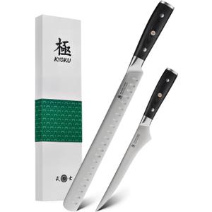 KYOKU 2pc Kitchen Knife Set, Samurai Series 6.5" Boning Knife & 12" Slicing Knife Set, High Carbon Steel Japanese Style Knives with Pakkawood Handle Sheath for Meat Fruit Vegetable Dicing Carving