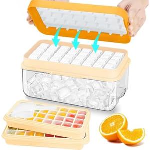 Ice Cube Tray with Lid and Bin, 64 pcs Ice Tray Kit with Ice Scoop, Ice Cube Pop Out Tray, Ice Cube Trays for Freezer, Ice Cube Molds, BPA Free, Easy Release Stackble Spill-Resistant ZZWILLB (Orange)