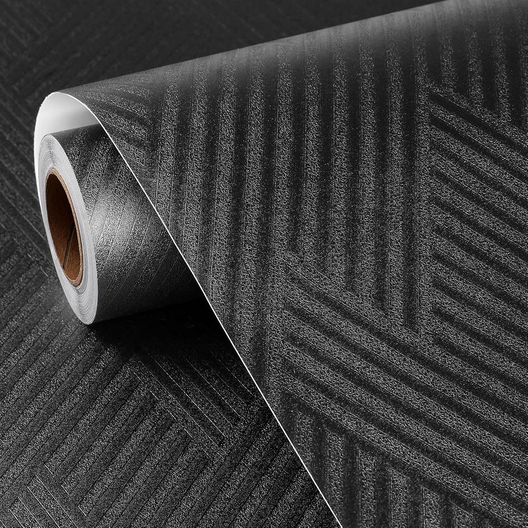 FunStick 24"x200" Abstract Black Peel and Stick Wallpaper Removable Dark Pattern Wallpaper for Bedroom Living Room Walls Renter Friendly Geometric Contact Paper for Shelves Kitchen Cabinet Wall Paper (200"W x 24"L)