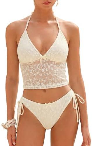 ZAFUL Women's Tankini Sets Halter String Tie Side Thong V Neck Bathing Suit Bowknot Lace Textured 2 Piece Swimsuit, M