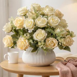 Fake Roses Champagne Roses Artificial Roses Silk Roses Artificial Roses with Stems 24 Full Flower Heads Faux Roses for Indoor Centerpieces home Wedding Farmhouse Decoration No Vase(4PCS,Champagne)