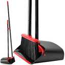 TreeLen Dust Pan and Broom/Dustpan Cleans Broom Combo with 52" Long Handle for Home Kitchen Room Office Lobby Floor Use Upright Stand Up Broom and Dustpan Set - Black/Red
