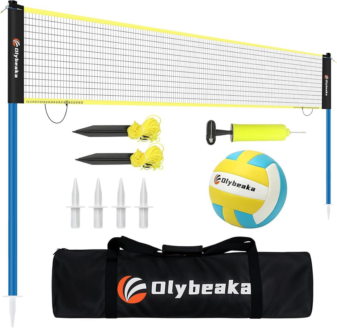 Portable Outdoor Volleyball Net Set for Backyard Beach with Adjustable Poles, Durable 20ft/32ft Net, Soft PU Volleyball & Pump, Carry Bag - Easy Set Up & Durable (Blue + Black)