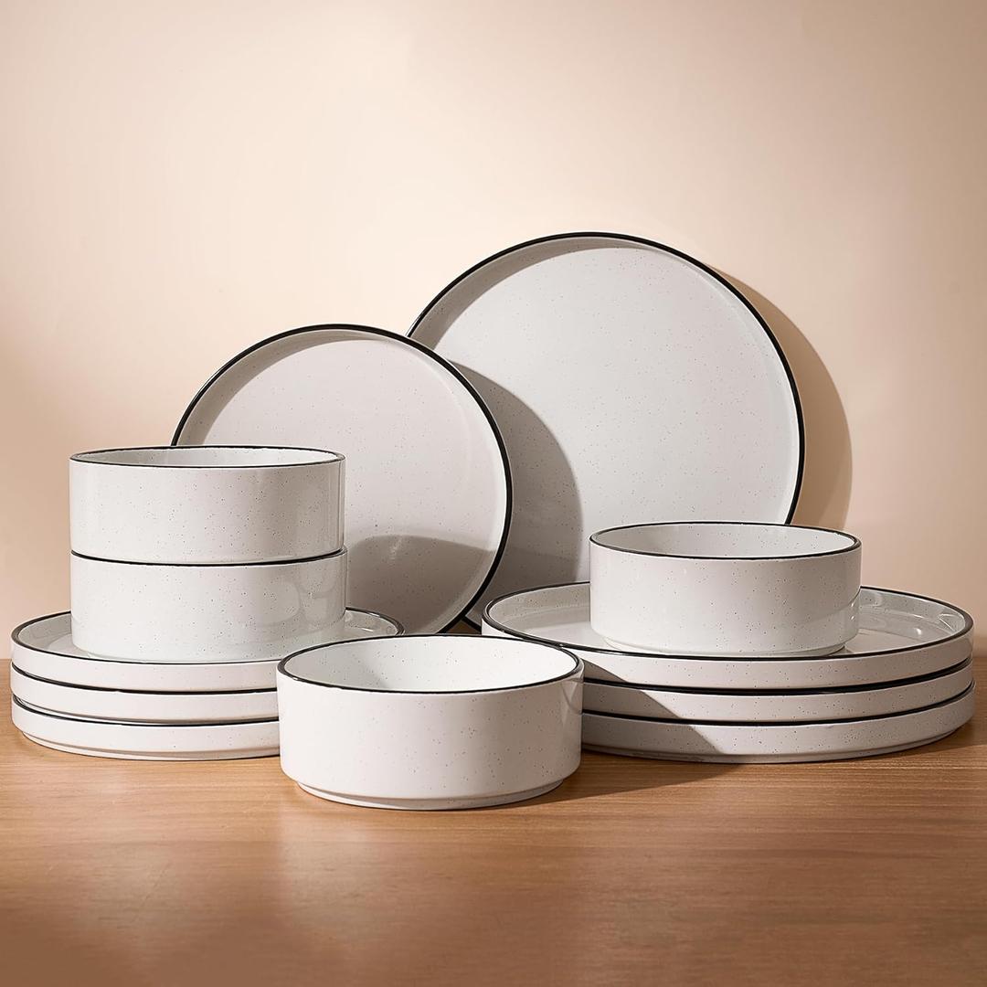 Famiware Nebula Plates and Bowls Sets for 4, 12 Pieces Stoneware Dinnerware Set, Microwave and Dishwasher Safe Dishes Set, White with Black Rim