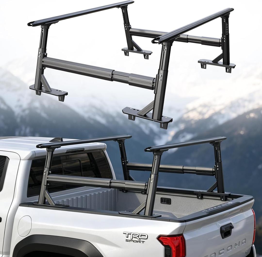 TRUMGETA Truck Bed Rack Fit for Tacoma and Gladiator
with Aluminum Side Bars, Lightweight Design, 19"-25" Stepless Height, 1,500-lb Capacity and Body-Matched Angle