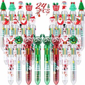 Woanger 24pcs Christmas Multicolor Ballpoint Pens Bulk 10 in 1, 6.3'' Retractable 0.5mm Cute Fun Pen Snowman Santa Tree Writing Pencils for Xmas Party Gift School Favors Kids Students Rewards Supplies