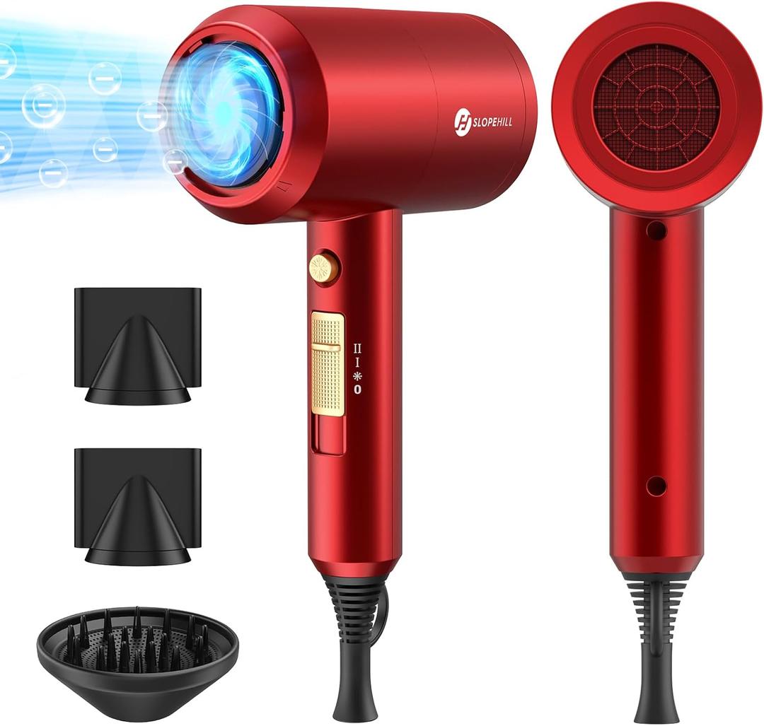 slopehill Professional Ionic Hair Dryer, Powerful 1800W Fast Drying Low Noise Blow Dryer with 2 Concentrator Nozzle 1 Diffuser Attachments for Home Salon Travel (Agate Red)