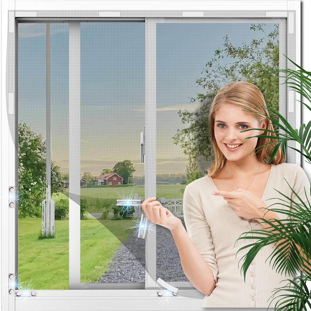 Magnetic Window Screen, Adjustable DIY Flex Screens for Windows Max 59 x 51 Fits Any Size Smaller, Window Screens for House Windows with 16 Innovative Magnetic Fastener