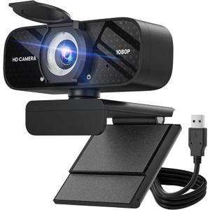 Full HD 1080P Webcam with Built-in Mic Wide Angle & Auto Focus Privacy Cover for PC/Laptop Plug & Play USB Camera Black