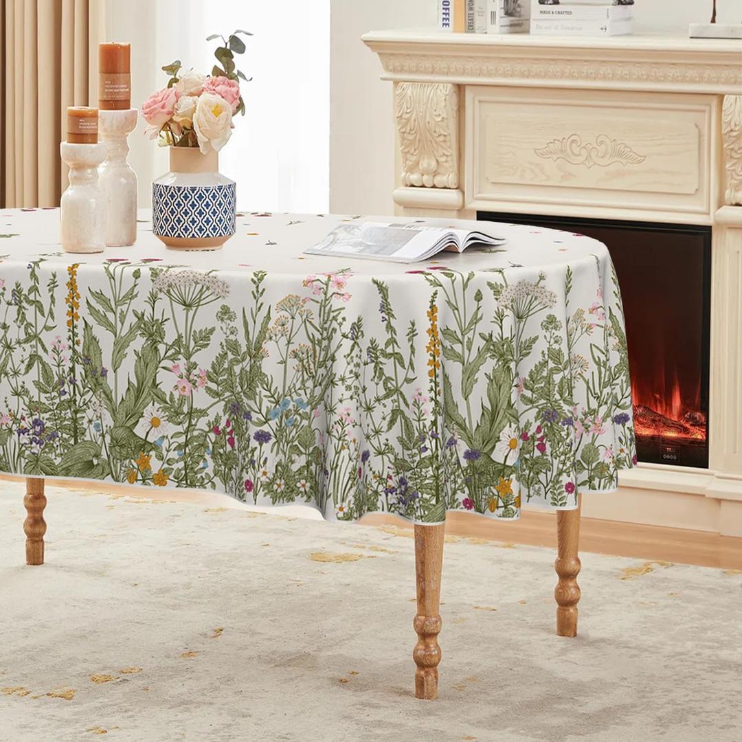Horaldaily Spring Summer Tablecloth 60x84 Inch Oval, Wild Flowers Floral Table Cover for Party Picnic Dinner Decor (Beige)