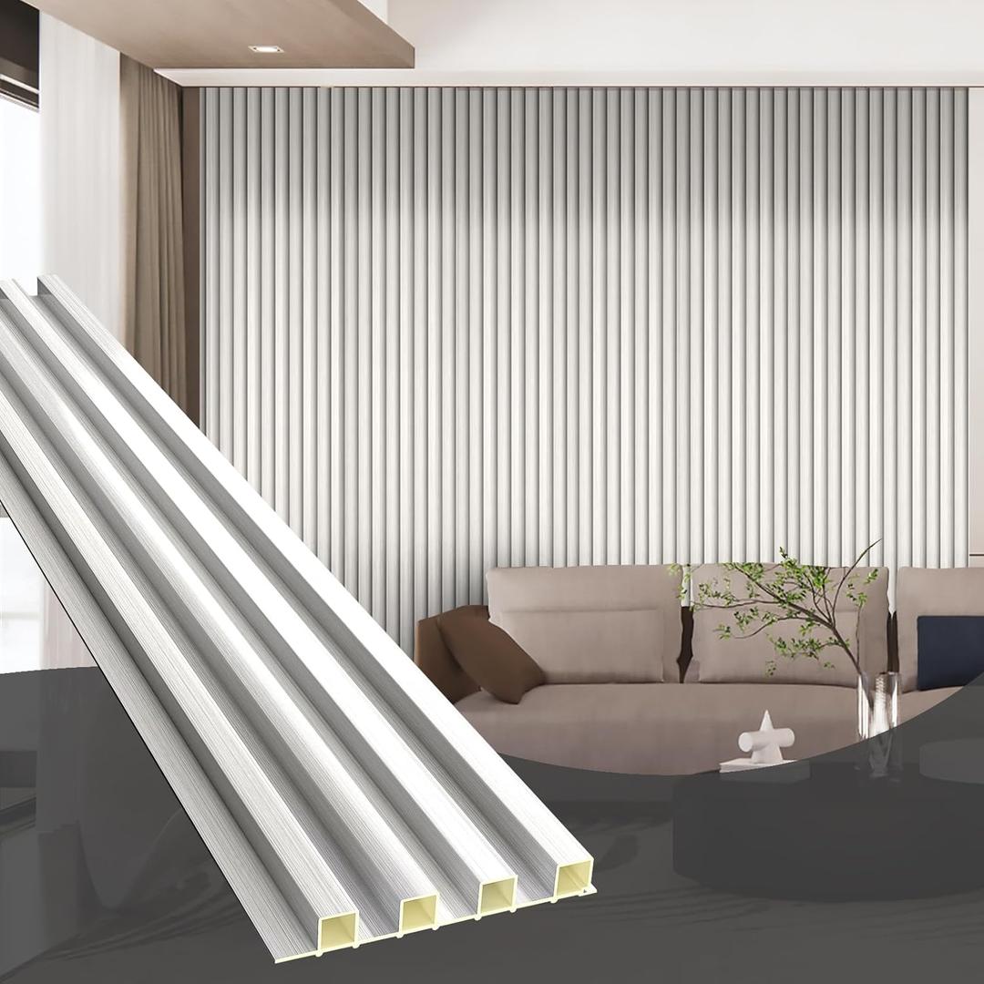 OUZUGIE WPC Acoustic Slat Wall Paneling, 8-Pack 96 x 6 Inches 3D Wall Panels for Interior Wall Decor,Living Room,TV Background,Study Room,Office Spaces,Bedroom,High Grille (Metallic Silver)