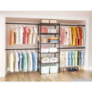Ulif M2 Closet Organizer System, 5.9 Feet Height Mounted to the Wall Garment Rack with 4 Expandable Hanger Rods, 5 Shelves in 23.6" L x 14.5" W, Suit Total Space from 5.8-8.8 ft, Black ((46.8" - 105.5")W x 14.5"D x 71.2"H)