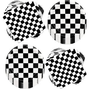 80Pcs Black White Checkered Party Supplies Set - 7" Race Car Plates and Napkins for Car Theme Race Birthday Party Decor | Serves 40
