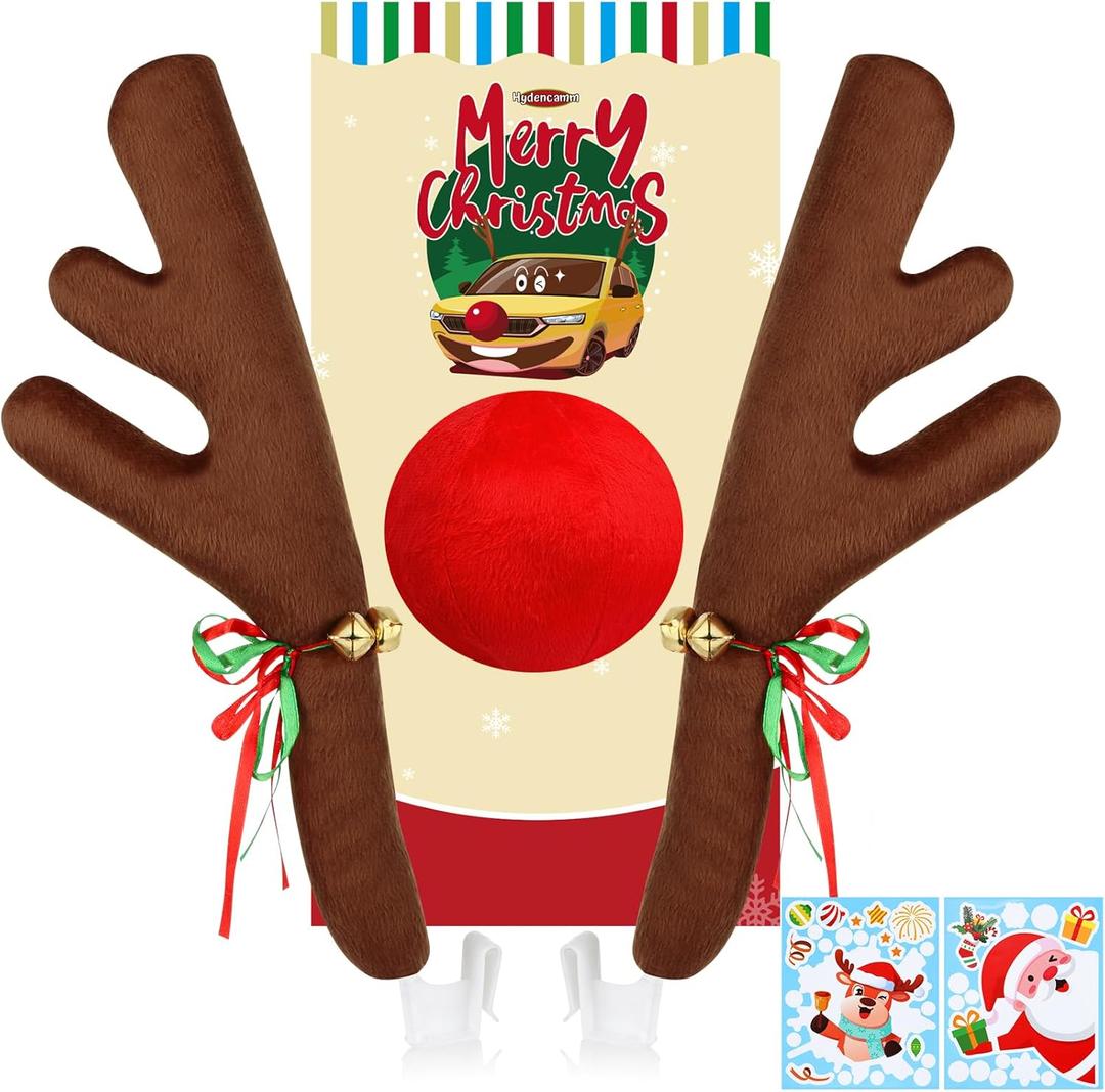 Hydencamm Reindeer Car Decoration for Christmas with Nose, 4PCS Window Sticker, Antlers for Car Reindeer Window Roof-Top & Front Grille, Auto Holiday Decoration Reindeer Ears for Car SUV Van Truck