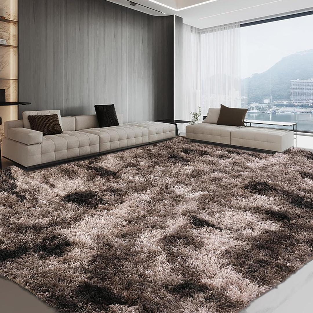 HOMBYS Shaggy Area Rug 10x14 Feet, Ultra Fuzzy Large Plush Faux Fur Carpet for Living Room Bedroom, Non-Skid Fuzzy Rug for Kids Playroom Home Decor, (10x14 ft, Coffee Tie Dye)