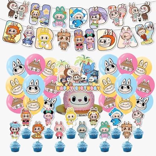 Cartoon Bunny Birthday Party Decorations Set, 12-inch Balloons, Cupcake Toppers, Banner, 15.3cm Party Supplies